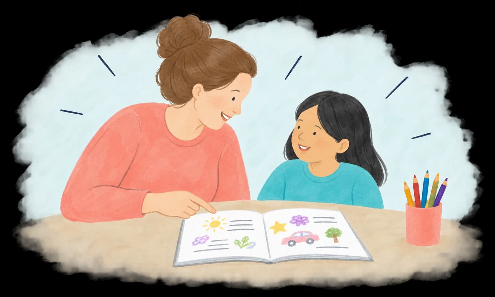 A teacher and pupil exploring the pupil’s schoolwork together.